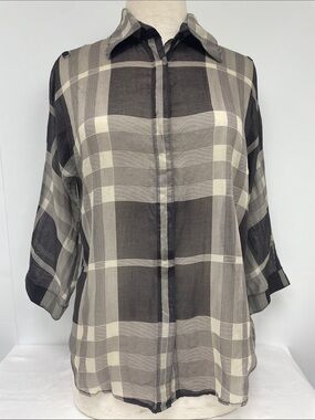 Burberry Black and Cream Plaid Sheer Button-Down Top